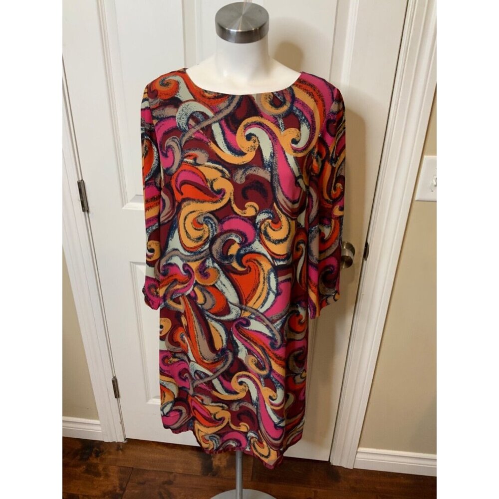 Maeve Multicolor Swirl 3/4 Sleeve Shift Dress, Size Medium